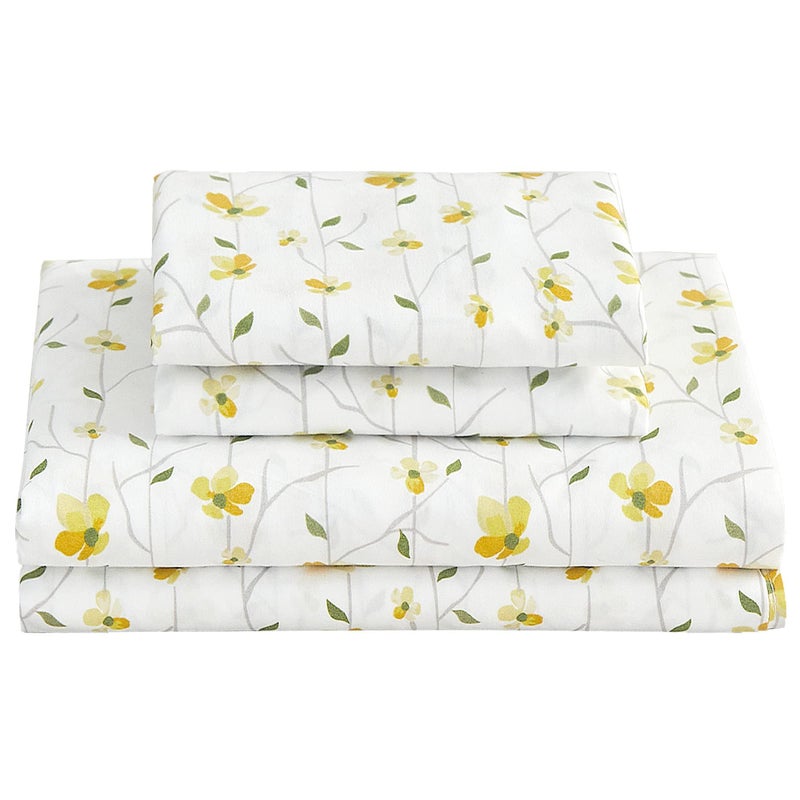 Softan King Sheet Set Yellow Floral Bed Sheets Printed Sheets - 4 Piece Soft Microfiber Patterned Fitted Sheets King with 15" Deep Pocket and Corner Straps, Cute Yellow Flower Sheets & Pillowcase Set - Image 1